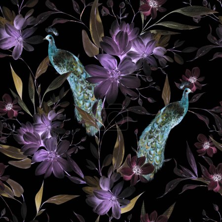 Foto de Patrón de acuarela con las flores púrpuras y hierbas silvestres, pavo real. Ilustración - Imagen libre de derechos