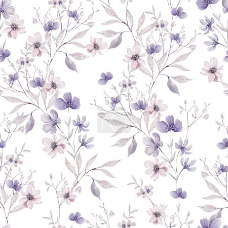 Téléchargez les photos : Motif aquarelle avec les fleurs violettes et roses et les herbes sauvages. Illustration - en image libre de droit