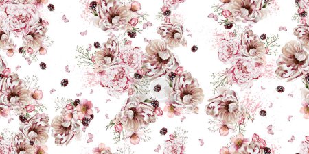 Foto de Patrón sin costura floral tierno acuarela con flores de peonía y hierbas. Ilustración - Imagen libre de derechos