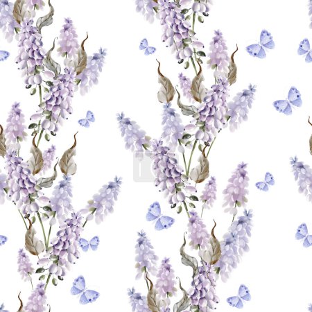 Photo for Watercolor seamless pattern with muscari flowers and butterfly. Illustration - Royalty Free Image