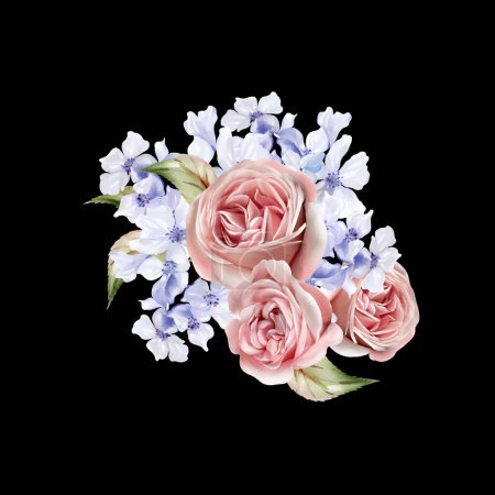 Téléchargez les photos : Bouquet de mariage aquarelle avec fleurs bleues et roses, feuilles. Illustration - en image libre de droit