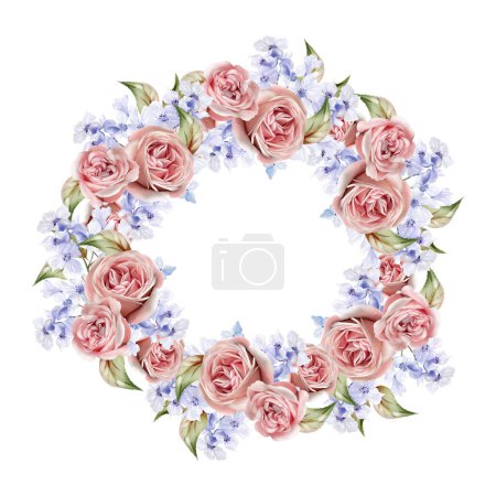 Photo for Watercolor wedding wreath with blue flowers and roses, leaves. Illustration - Royalty Free Image