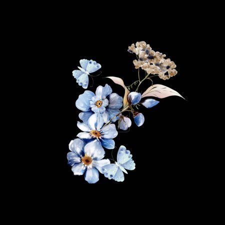 Téléchargez les photos : Bouquet de mariage aquarelle avec des fleurs et des feuilles bleues. Illustration - en image libre de droit