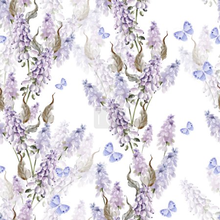 Téléchargez les photos : Aquarelle motif sans couture avec des fleurs de muscari et de papillon. Illustration - en image libre de droit