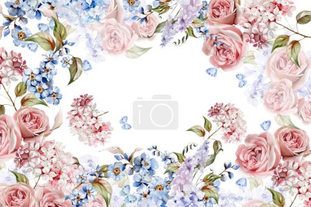 Téléchargez les photos : Carte de mariage aquarelle avec, hortensia, fleurs de roses et feuilles. Illustration - en image libre de droit