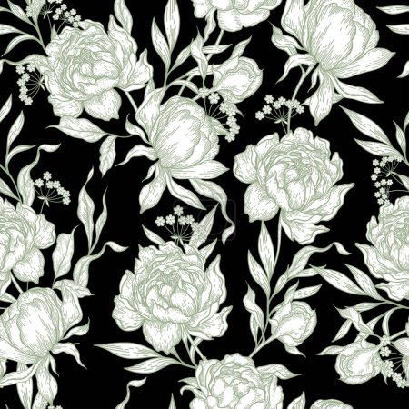 Illustration for Peony flower seamless pattern drawing. Vector hand drawn engrave - Royalty Free Image