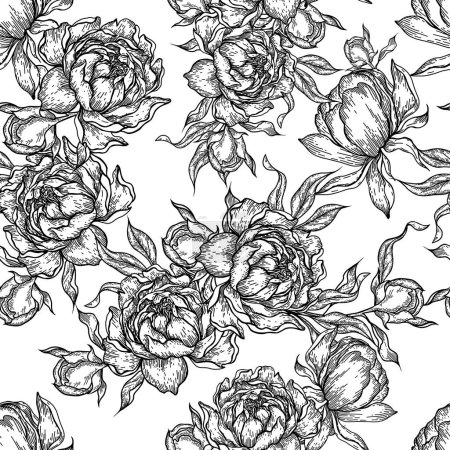 Téléchargez les illustrations : Pivoine fleur motif sans couture dessin. Vecteur dessiné à la main graver - en licence libre de droit