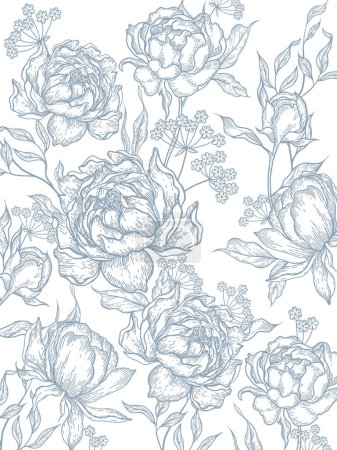 Illustration for Graphic card with peony and leaves. Illustration - Royalty Free Image