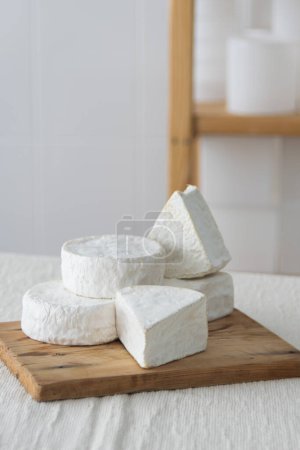 Photo for Different geometric forms of camamber cheese. Multiform cheese camamber brie composition. Selective focus - Royalty Free Image