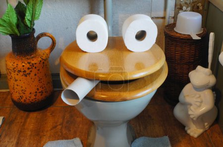 Humorous face created from a wooden toilet seat and bath tissue rolls in the bathroom