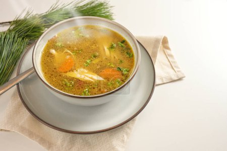 Photo for Hot steaming winter soup from chicken, vegetables and parsley in a bowl, home remedy against cold and flu, served on a gay white table with pine branches, copy space, selected focus, narrow depth of field - Royalty Free Image