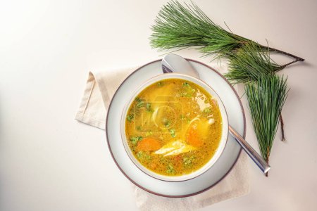 Healthy curry soup with chicken, vegetables and parsley in a bowl, home remedy against cold and flu in autumn and winter, light table with pine branches, copy space, top view from above, selected focus