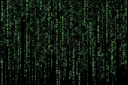 Photo pour Green matrix of falling random characters, numbers and symbols on black, concept for digital data, programming, cyberspace and hacking, abstract full frame technology background - image libre de droit
