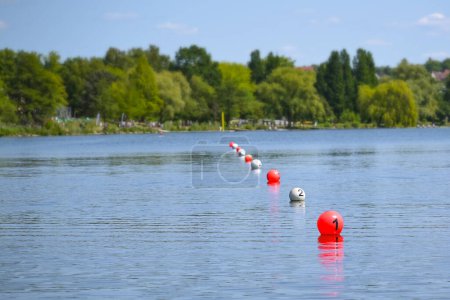 Photo for Floating balls in red and white mark the finish line on the lake during a rowing regatta, copy space, selected focus, narrow depth of field - Royalty Free Image
