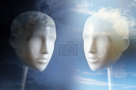 Photo for Negative versus positive thinking and emotion, psychology concept shown with two neutral colored mannequin heads and corresponding dark and light sky, copy space, selected focus - Royalty Free Image