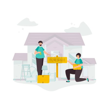 Illustration for Couple putting up a house for sale sign - Royalty Free Image