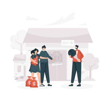 Illustration for Flat design happy couple agrees to buy house at realtor - Royalty Free Image