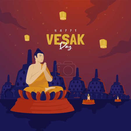 Illustration for Buddhist monk meditation worship to celebrate Vesak Day - Royalty Free Image