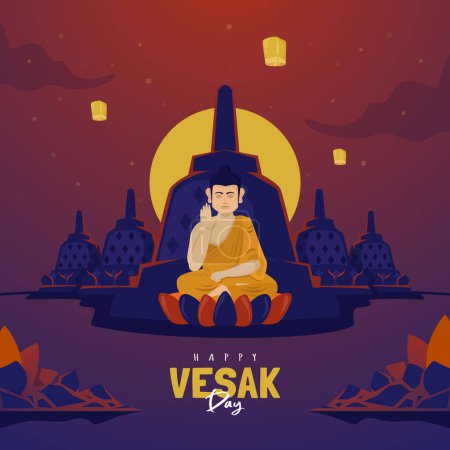 Illustration for Buddhist monks meditation to celebrate Vesak Day - Royalty Free Image