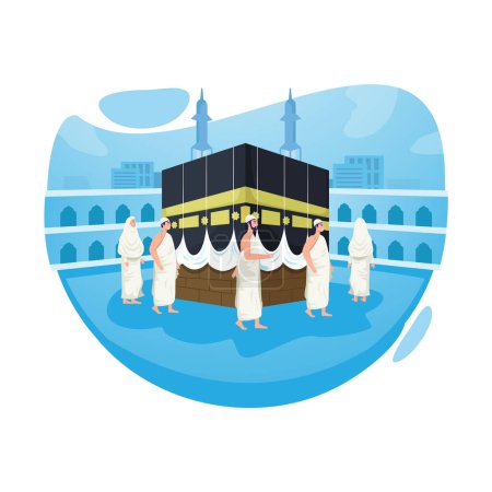 Illustration for Islamic pilgrimage with illustration of Tawaf means walking around Kaaba - Royalty Free Image