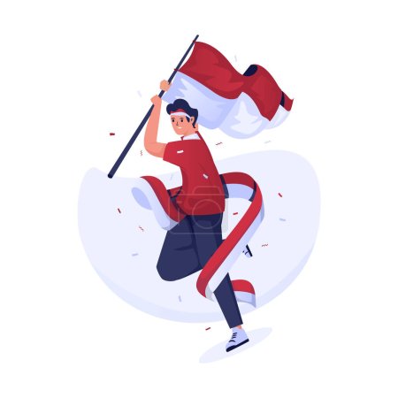 Téléchargez les illustrations : Un jeune homme agitant le drapeau indonésien pour célébrer la fête de l'indépendance - en licence libre de droit