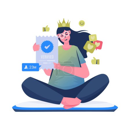 Illustration for Illustration of a woman get verified mark on social media account - Royalty Free Image