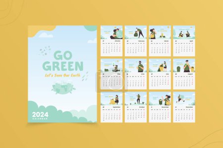 Ilustración de Calendario 2024 plantilla de diseño con ir ilustración movimiento verde - Imagen libre de derechos