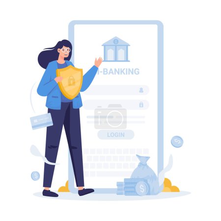 Téléchargez les illustrations : Connexion sécurisée illustration vectorielle d'application bancaire mobile - en licence libre de droit