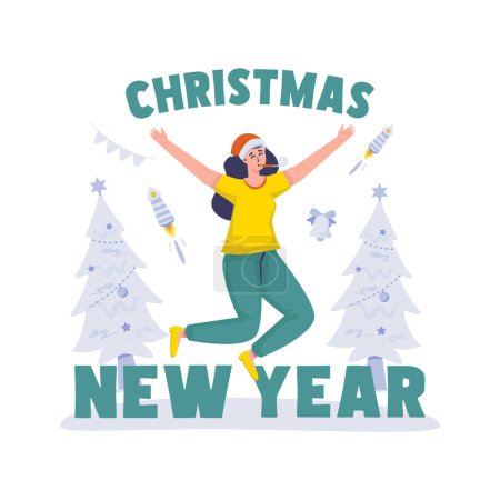 Ilustración de Mujer feliz celebrando la Navidad y la fiesta de año nuevo ilustración - Imagen libre de derechos