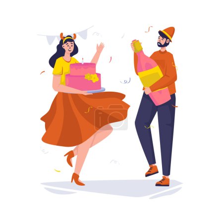 Ilustración de Ilustración de pareja feliz celebrando fiesta de año nuevo - Imagen libre de derechos