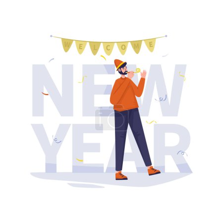 Ilustración de Un hombre hace sonar un pequeño silbato celebrando la ilustración del vector del año nuevo - Imagen libre de derechos
