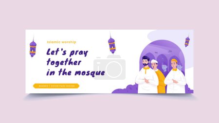 Illustration for Islamic Ramadan worship at mosque on banner cover page template - Royalty Free Image