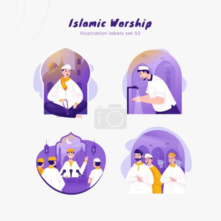 Illustration for Islamic worship illustration labels set - Royalty Free Image