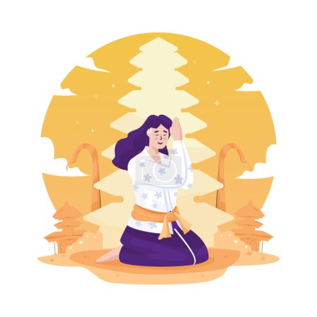 Téléchargez les illustrations : Une femme prière culte célébrant Nyepi Day illustration isolée - en licence libre de droit
