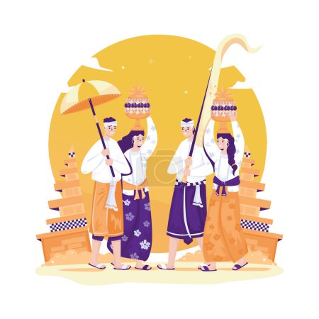 Ilustración de las ceremonias tradicionales de Melasti celebran el diseño aislado del día nyepi