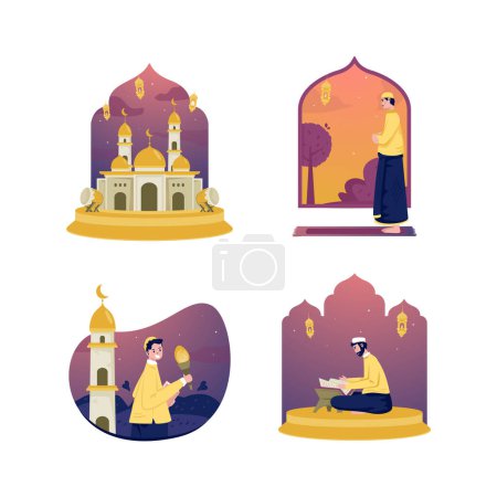 Islamic muslim character for ramadan greeting illustration set