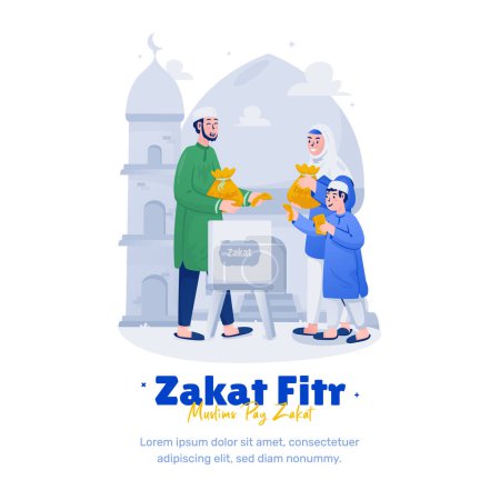 Islamic illustration of Muslim family pay zakat fitr