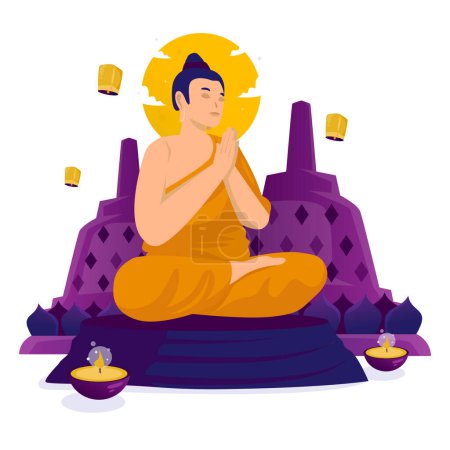 Buda en adoración de meditación para el día de Vesak, ilustración vectorial