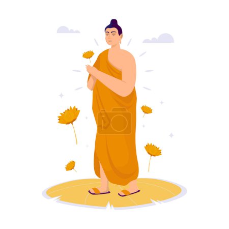 Ein Mönch mit einem schwimmenden Lotus, Feier buddhistischer Feste zum Vesak-Tag, Vektor-Illustration