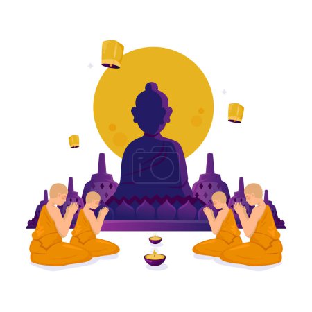 Monks worship in meditation, Happy Vesak day, Vector illustration