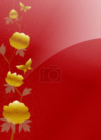 Photo for Gold and silver lacquer work of peony flowers on red background, copy space available - Royalty Free Image
