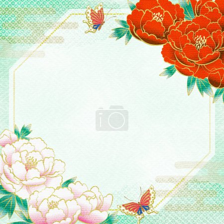 Foto de Peony flowers of tradtional japanese kimono pattern, Yuzen style, copy space available - Imagen libre de derechos