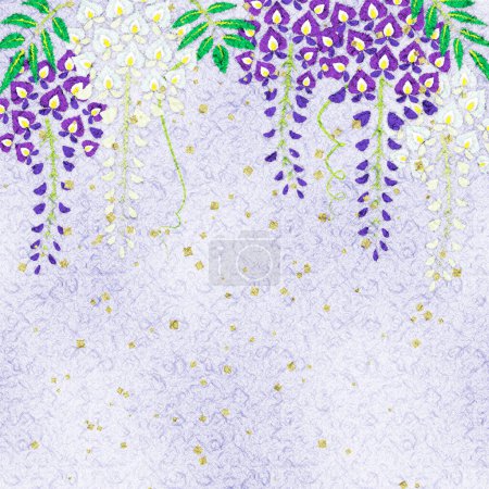 Wisteria flowers of japanese paper chigiri-e style illustration, copy space available