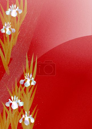 Photo for Iris flowers lacquer style illustration on red background, copy space available - Royalty Free Image
