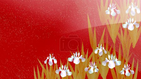 Photo for Iris flowers lacquer style illustration on red background, copy space available - Royalty Free Image