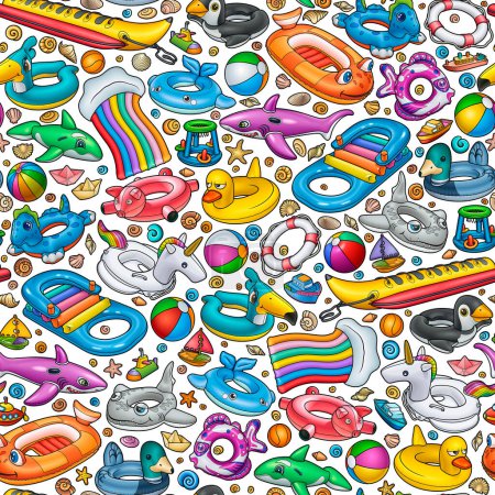 Ilustración de Dibujos animados lindo garabato inflable piscina círculos patrón sin costura. Verano natación juguetes colorido vector divertido fondo - Imagen libre de derechos