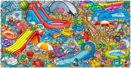 Ilustración de Dibujos animados garabatos lindo dibujado a mano playa de verano ilustración de entretenimiento para niños. Muchos juguetes, objetos de diversión vector de fondo. Divertido colorido arte juegos al aire libre. - Imagen libre de derechos