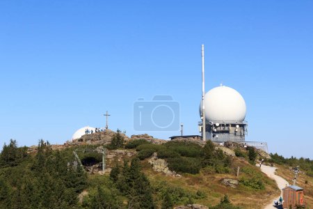Photo for Mountain Grosser Arber with summit cross and radar dome (radome) in Bavarian Forest, Germany - Royalty Free Image
