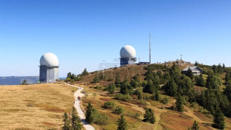 Photo for Mountain Grosser Arber panorama with radar domes (radome) and summit cross and in Bavarian Forest, Germany - Royalty Free Image