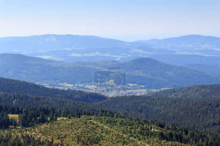 Photo for Panorama view of Bavarian Forest and municipality Bodenmais seen from mountain Grosser Arber, Germany - Royalty Free Image